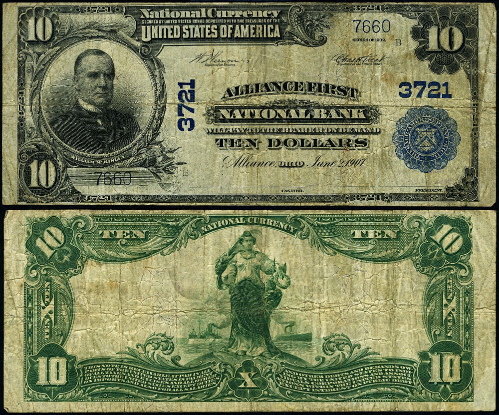 1902 $10 Alliance First National Bank Note Ohio Ch #3721: 1902 $10 Alliance First National Bank Note Ohio Ch #3721 This is a $10 National Bank Note from Alliance, Ohio, issued in 1902. The note is graded as Very Good to Fine (VG/F) and is classified as circu