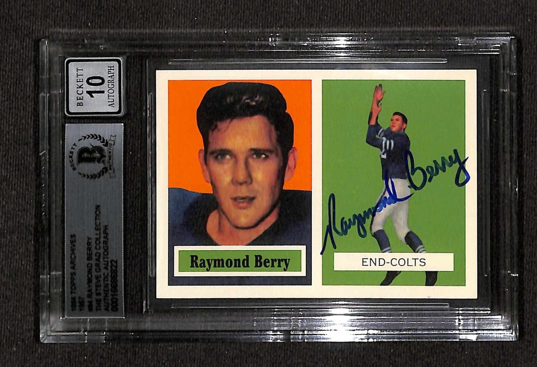 Raymond Berry Signed 1994 Topps Archives 1957 Card Auto Grade 10 Beckett: Raymond Berry Signed 1994 Topps Archives 1957 Card Auto Grade 10 Beckett This is an autographed 1994 Topps Archives 1957 sports trading card featuring the signature of Raymond Berry, a legendary Balti