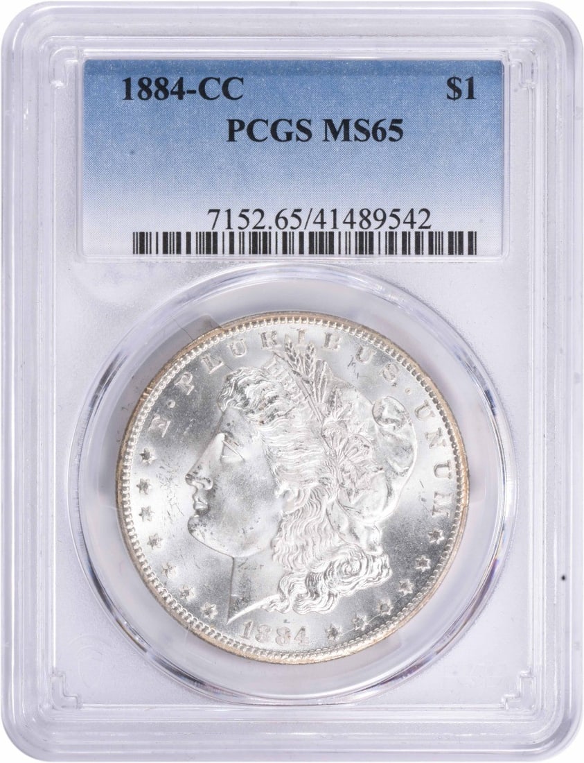 1884-CC Morgan Silver Dollar MS65 PCGS Uncirculated Coin: 1884-CC Morgan Silver Dollar MS65 PCGS Uncirculated Coin This exquisite 1884-CC Morgan Silver Dollar, graded MS65 by PCGS, showcases the iconic design by George T. Morgan. Struck in 90% silver and 10%