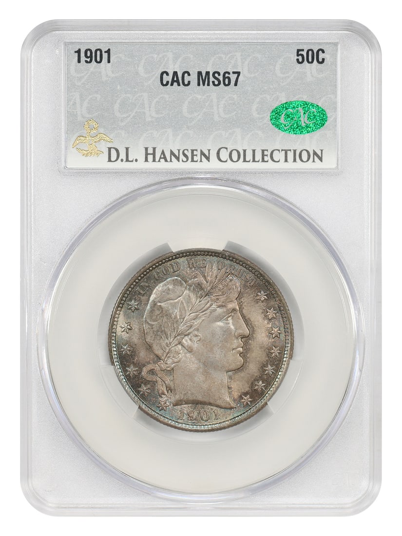 1901 Barber Half Dollar 50C CACG MS67 ex D.L. Hansen: 1901 Barber Half Dollar 50C CACG MS67 ex D.L. Hansen 1901 Barber Half Dollar certified MS67 by CACG and pedigreed ex: D.L. Hansen. A mintage of 4,268,000 coins leaves just two coins at the MS67 level 
