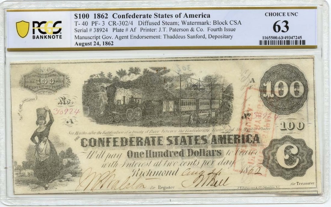 1862 $100 Confederate Note T-40 Thaddeus Sanford Certified PCGS MS63: 1862 $100 Confederate Note T-40 Thaddeus Sanford Certified PCGS MS63 This 1862 $100 Confederate Currency T-40 features the signature of Thaddeus Sanford and is certified by PCGS with a grade of MS63. 