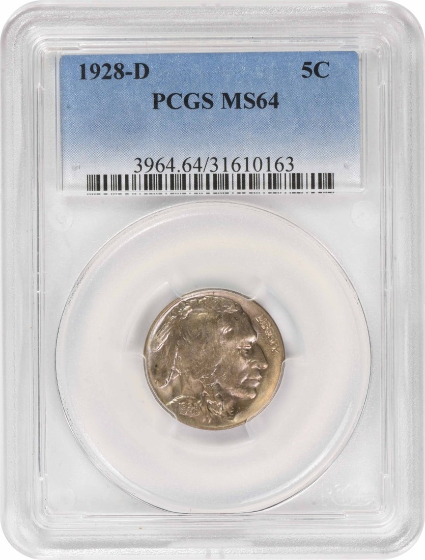 PCGS MS64 1928 D Buffalo 5C Nickel: PCGS MS64 1928 D Buffalo 5C Nickel This 1928-D Buffalo Nickel is graded MS64 by PCGS, indicating a high-quality, uncirculated coin. Minted in Denver, this classic United States five-cent piece feature