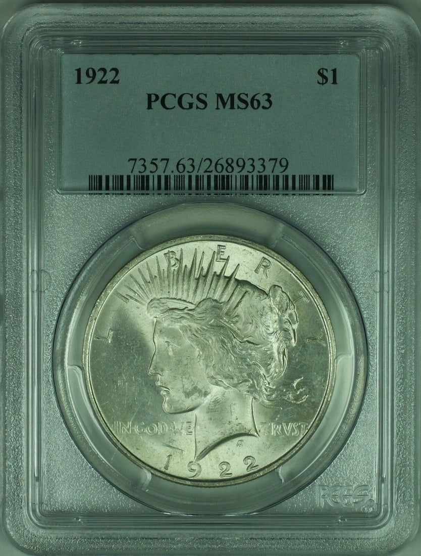 PCGS MS63 1922 Peace Dollar Silver Coin from Philadelphia Mint: PCGS MS63 1922 Peace Dollar Silver Coin from Philadelphia Mint This 1922 Peace Silver Dollar is a $1 coin certified by PCGS with a grade of MS 63. Minted in Philadelphia, it is composed of silver and 