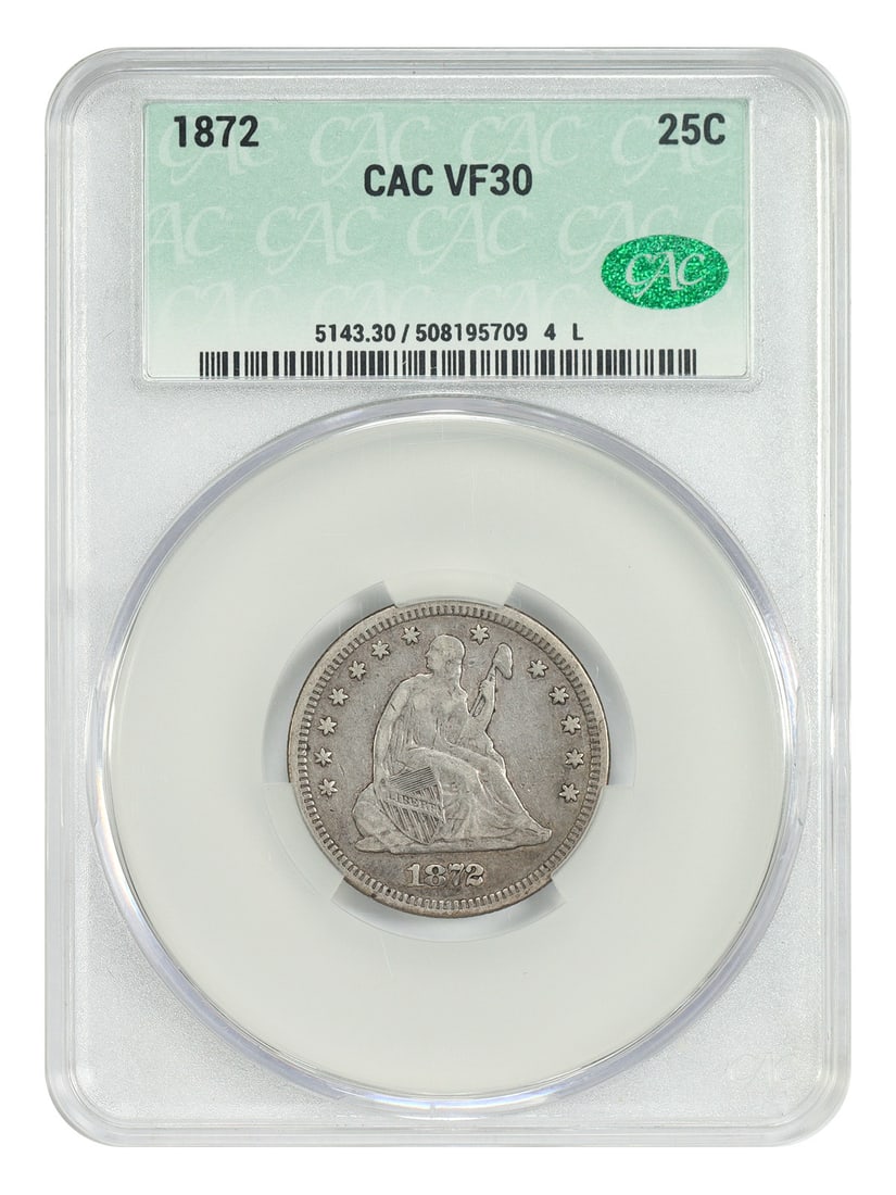 Liberty Seated Quarter 1872 25C CACG VF30: Liberty Seated Quarter 1872 25C CACG VF30 1872 Liberty Seated Quarter certified by CACG in VF30 condition. This pre-owned coin is a circulated example of the 25C denomination struck in Philadelphia. S