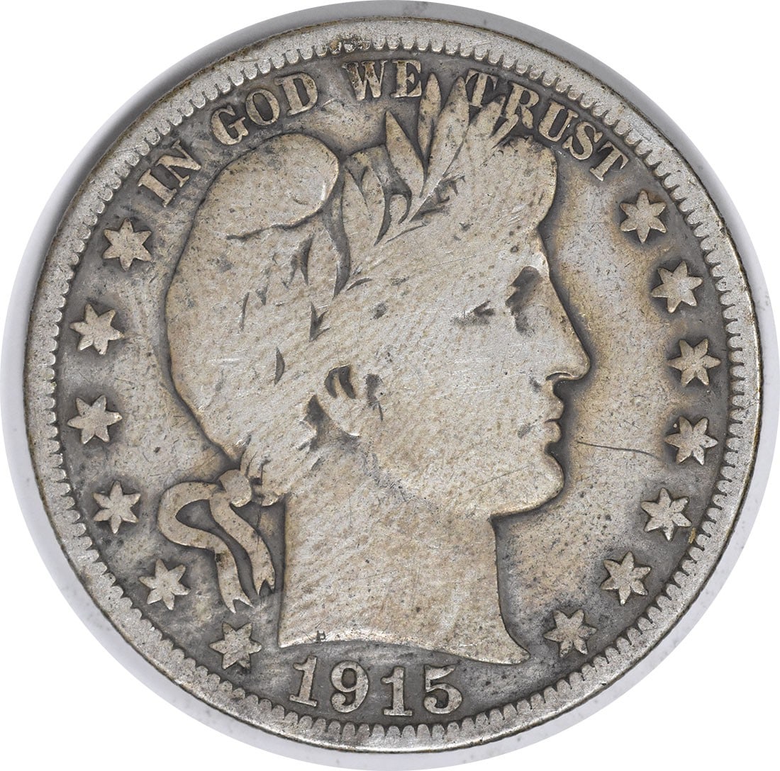 1915 50C Barber Half Dollar Silver VG Uncertified: 1915 50C Barber Half Dollar Silver VG Uncertified 1915 Barber silver half dollar in VG grade. This circulated, uncertified United States coin is a pre-owned example with a 50C denomination. Specificat