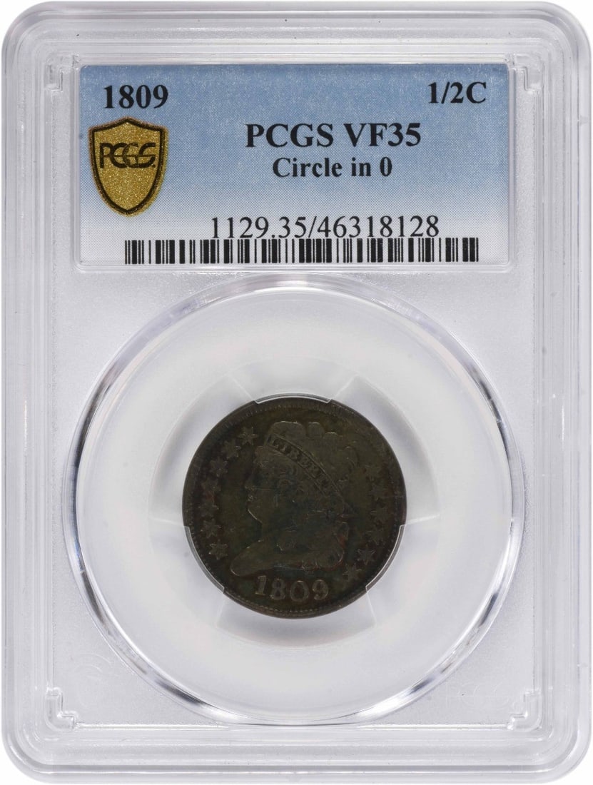 PCGS VF35 1809 Classic Head Half Cent Copper: PCGS VF35 1809 Classic Head Half Cent Copper This 1809 Classic Head Half Cent is graded VF35 by PCGS and features a plain edge. Struck in copper at the Philadelphia Mint, it was designed by John Reich