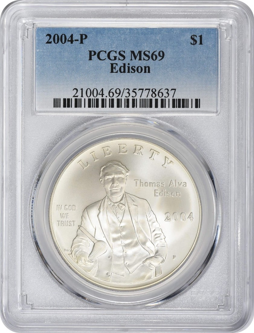 MS69 PCGS 2004 Philadelphia Edison Silver Commemorative Dollar Coin: MS69 PCGS 2004 Philadelphia Edison Silver Commemorative Dollar Coin This 2004-P Edison Silver Commemorative Dollar is a limited edition coin from the United States, issued to honor Thomas Edison. Cert