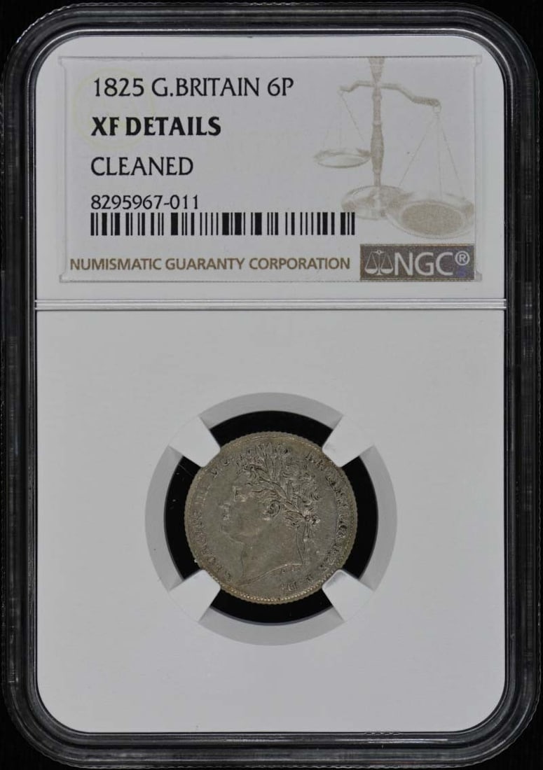 1825 United Kingdom Silver Sixpence NGC XF Details George IV Coin: 1825 United Kingdom Silver Sixpence NGC XF Details George IV Coin This 1825 Great Britain silver 6 pence coin features the portrait of George IV. Certified by NGC with a grade of XF Details, this unci