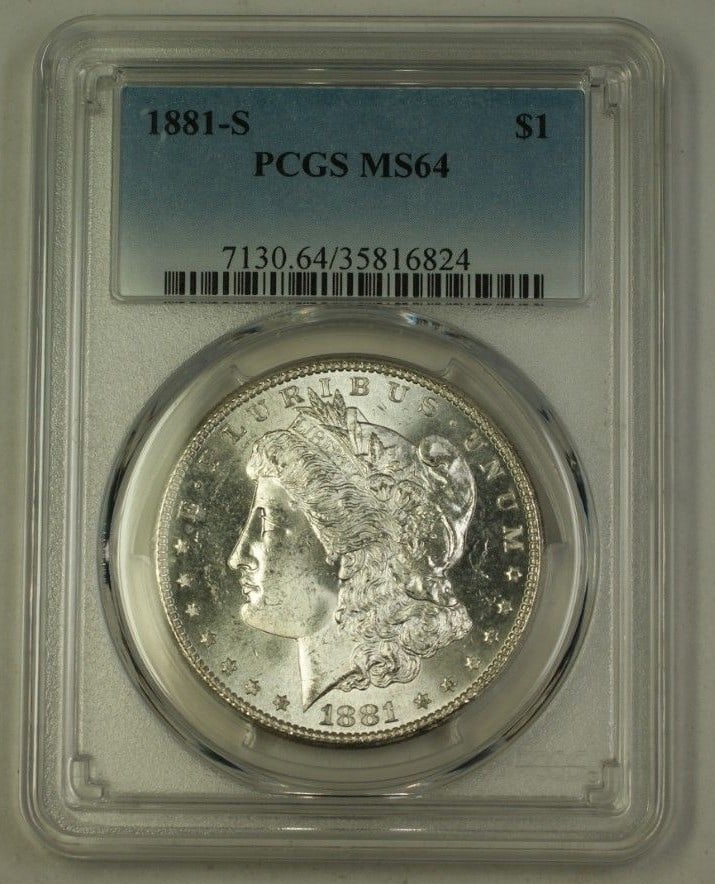 PCGS MS64 1881-S Morgan Silver Dollar $1 San Francisco Mint: PCGS MS64 1881-S Morgan Silver Dollar $1 San Francisco Mint 1881-S Morgan Silver Dollar $1 coin certified by PCGS and graded MS-64. This uncirculated silver coin is described as toned and offered in p