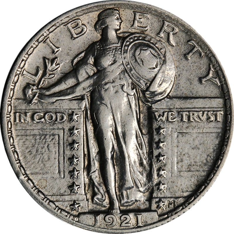 1921 Standing Liberty Silver Quarter AU Details Key Date: 1921 Standing Liberty Silver Quarter AU Details Key Date 1921 Standing Liberty Quarter with AU Details grade and a nice strike. This circulated silver coin has been cleaned in the past and is slightly