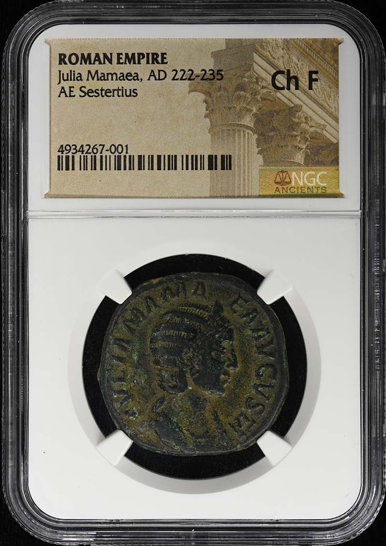 Roman Empire AE Sestertius Julia Mamaea NGC Ch F: Roman Empire AE Sestertius Julia Mamaea NGC Ch F Roman Empire AE sestertius of Julia Mamaea, dated AD 222-235. This pre-owned coin is certified by NGC and graded Ch F. Specifications Item Type: Coin R