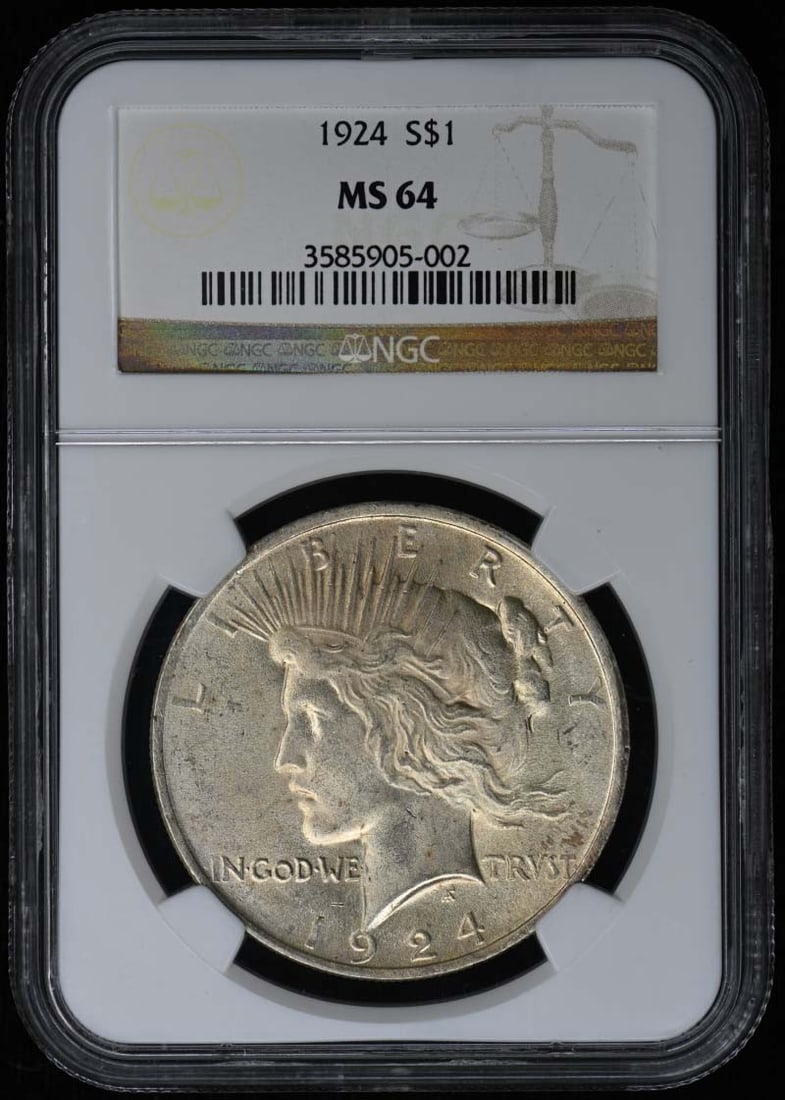 NGC MS64 1924 United States Peace Dollar S$1: NGC MS64 1924 United States Peace Dollar S$1 1924 Peace Dollar certified by NGC and graded MS64. This uncirculated United States coin is a pre-owned example of the Peace Dollar denomination. Specifica