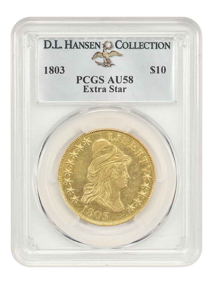 1803 Draped Bust $10 Extra Star Variety PCGS AU58 ex D.L. Hansen: 1803 Draped Bust $10 Extra Star Variety PCGS AU58 ex D.L. Hansen 1803 Draped Bust $10, Extra Star variety, certified PCGS AU58 and ex D.L. Hansen. This circulated Philadelphia issue is defined by a sm