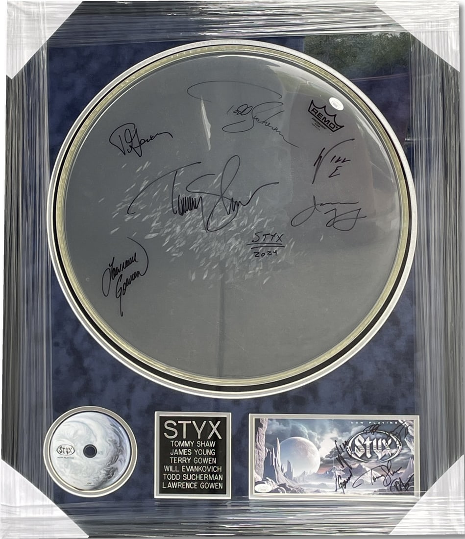 Styx Band Signed Drumhead with JSA Authentication Framed 27x33: Styx Band Signed Drumhead with JSA Authentication Framed 27x33 This unique Styx Band signed drumhead is a must-have for any fan. Featuring autographs from legendary members including Tommy Shaw, James