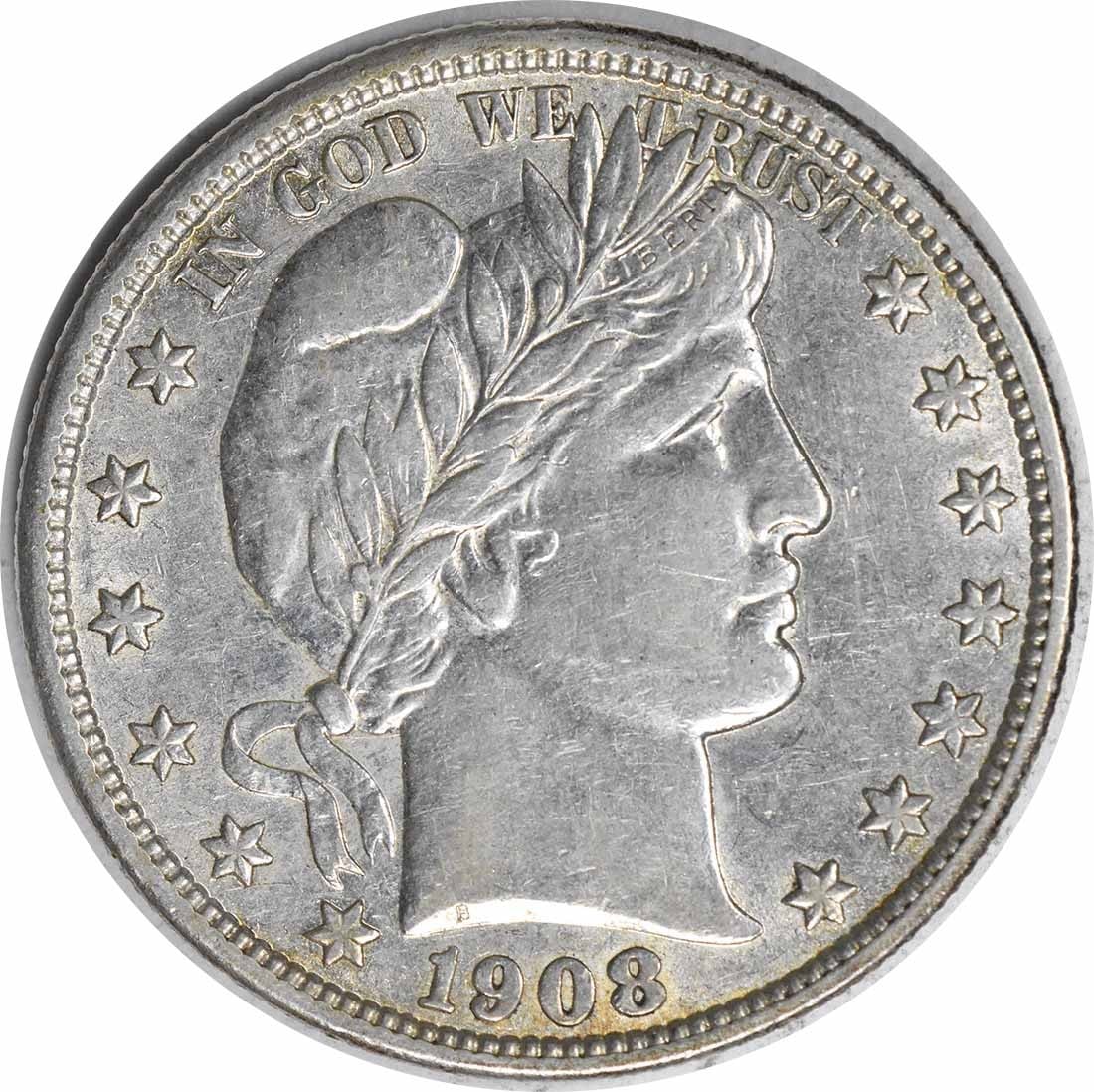 1908 S 50C Barber Half Dollar Silver AU Uncertified: 1908 S 50C Barber Half Dollar Silver AU Uncertified 1908-S Barber Half Dollar in AU grade. This pre-owned coin is uncertified, circulated, and struck in silver. Denomination and series details are con