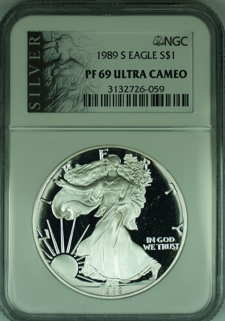 NGC Graded 1989-S Proof Silver Eagle Dollar PR69 Ultra Cameo: NGC Graded 1989-S Proof Silver Eagle Dollar PR69 Ultra Cameo This 1989-S American Proof Silver Eagle is a $1 commemorative coin graded PF 69 Ultra Cameo by NGC. The coin is uncirculated and features a