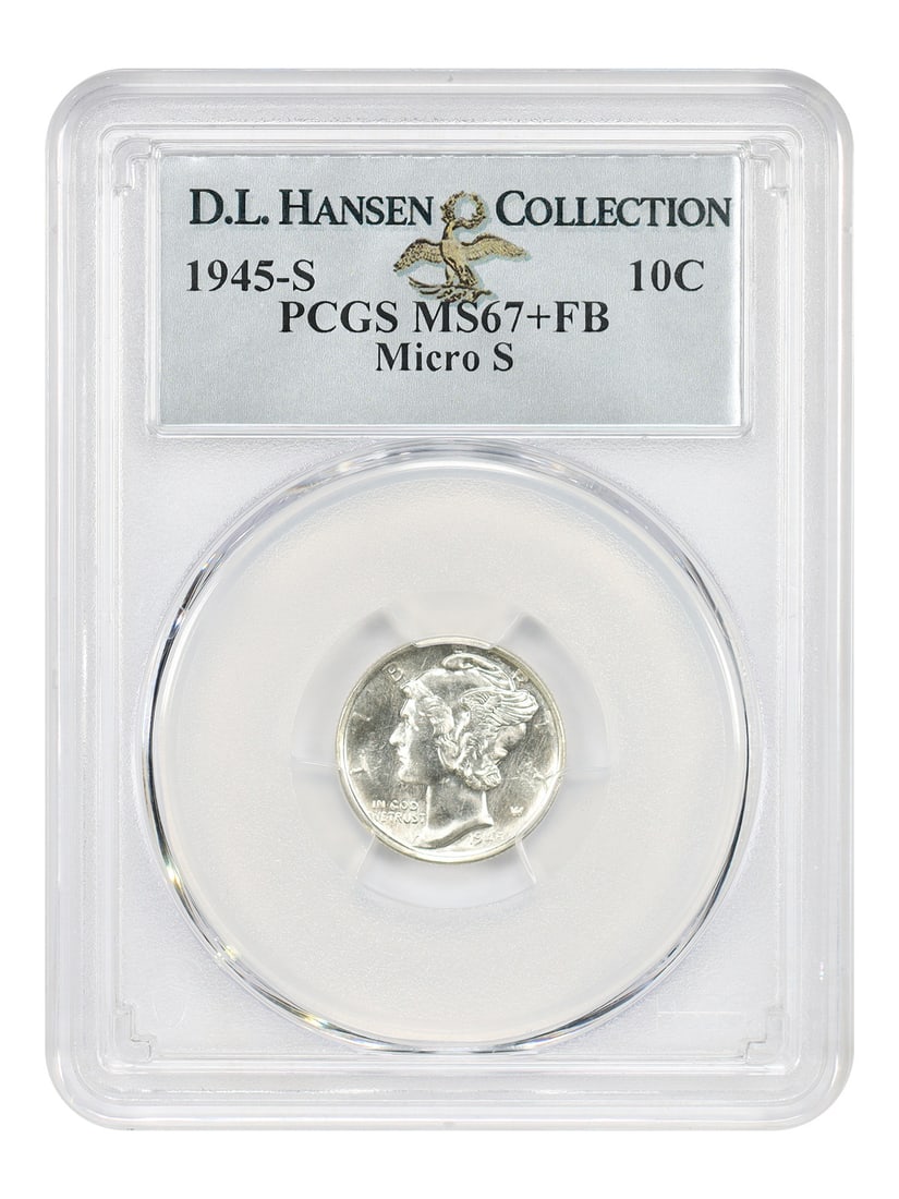 PCGS MS67+FB 1945-S Mercury Dime Micro S Variety: PCGS MS67+FB 1945-S Mercury Dime Micro S Variety 1945-S Mercury Dime with the Micro S mintmark, certified by PCGS as MS67+FB. This uncirculated example is bested by only four PCGS-graded examples. It 