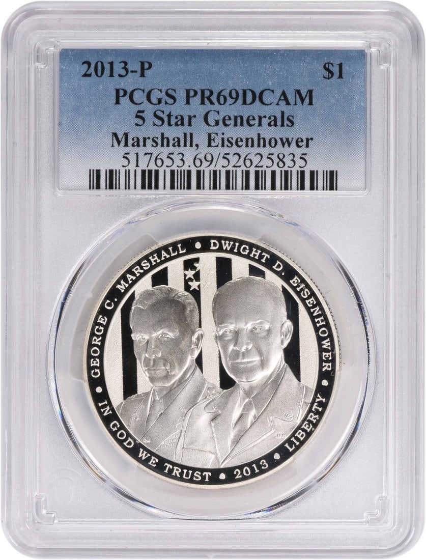 2013 Commemorative Silver Dollar 5 Star Generals PR69DCAM PCGS: 2013 Commemorative Silver Dollar 5 Star Generals PR69DCAM PCGS This 2013-P 5 Star Generals Commemorative Silver Dollar is a stunning tribute to American military leadership. Graded PR69DCAM by PCGS, t