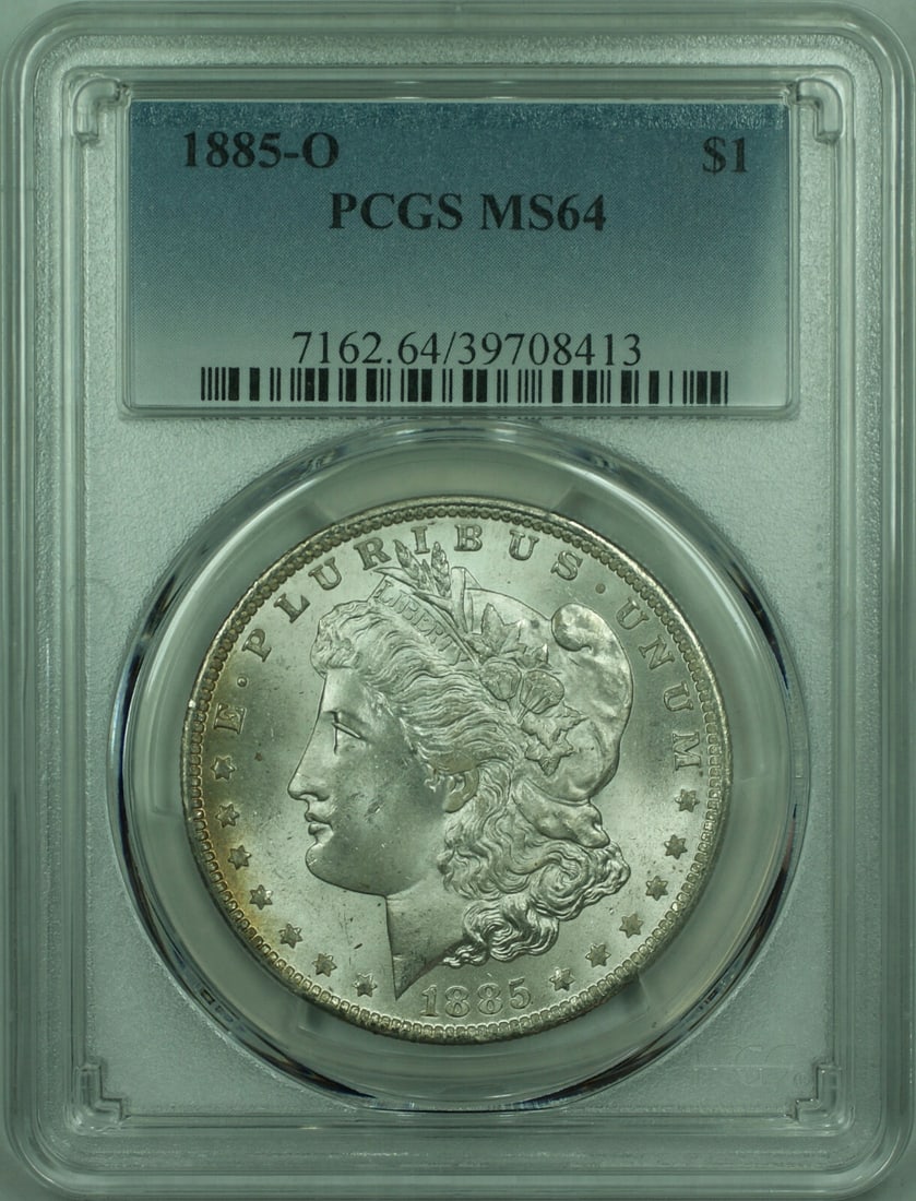 PCGS MS64 1885 O Morgan Silver Dollar $1 New Orleans Mint: PCGS MS64 1885 O Morgan Silver Dollar $1 New Orleans Mint 1885-O Morgan Silver Dollar $1 coin from the United States, struck in silver and certified by PCGS as MS-64. This uncirculated Morgan dollar i