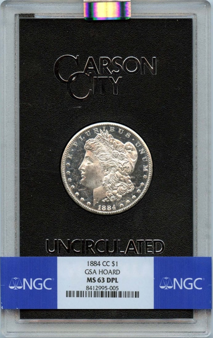 NGC MS63DMPL 1885 Carson City Morgan Dollar from GSA Hoard: NGC MS63DMPL 1885 Carson City Morgan Dollar from GSA Hoard This 1885-CC Morgan Dollar is part of the GSA Hoard and has been certified by NGC with a grade of MS63DMPL. Struck at the Carson City Mint, t