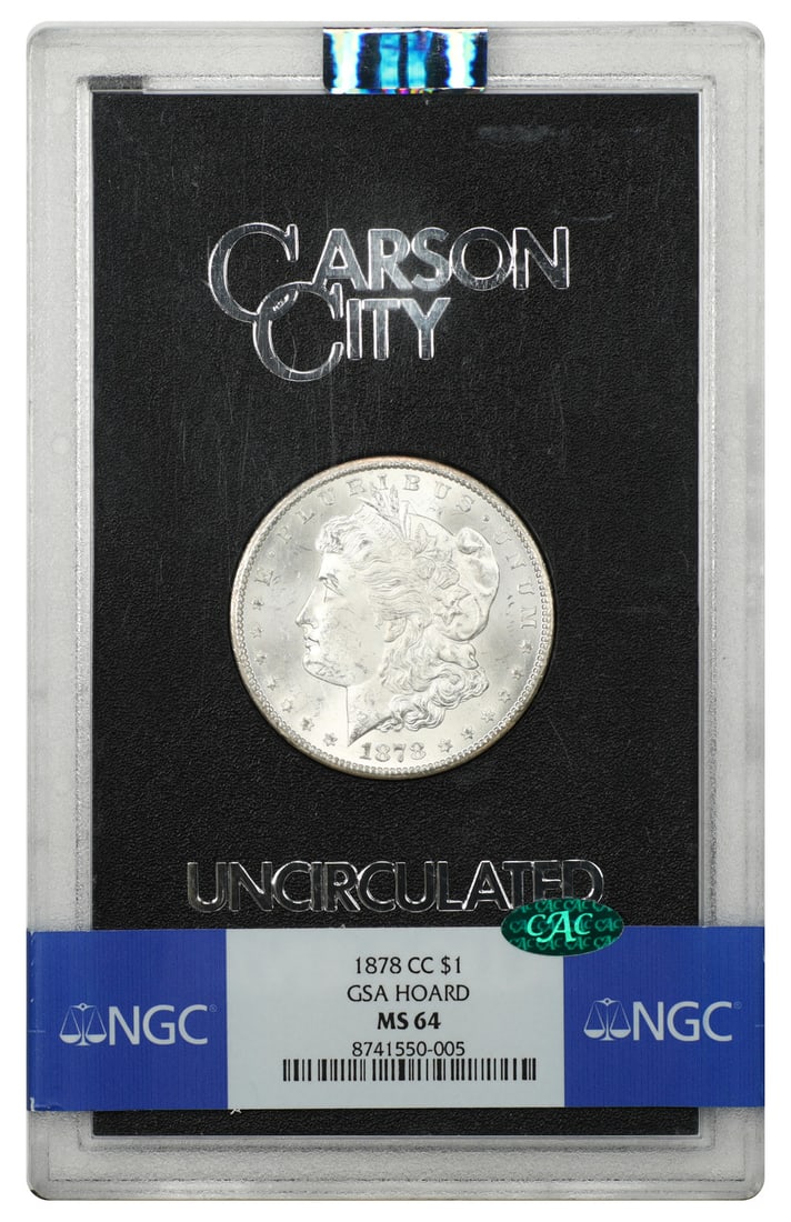 1878 Carson City Morgan Dollar $1 NGC MS64 CAC GSA: 1878 Carson City Morgan Dollar $1 NGC MS64 CAC GSA An 1878 Carson City Morgan Dollar from the popular GSA issue, housed in the original hard case and graded MS64 by NGC with CAC approval. This uncircu