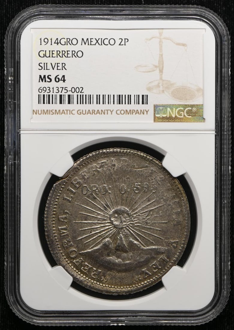 Mexico Guerrero 1914GRO 2P Coin NGC MS64 KM-643: Mexico Guerrero 1914GRO 2P Coin NGC MS64 KM-643 1914 Guerrero 2 pesos coin from Mexico, certified by NGC and graded MS64. This pre-owned coin is listed as uncirculated. Specifications Year: 1914 Count