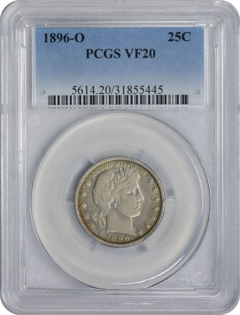 1896-O Barber Silver Quarter VF20 Certified PCGS 90% Silver: 1896-O Barber Silver Quarter VF20 Certified PCGS 90% Silver This 1896-O Barber Silver Quarter is a remarkable collectible coin, certified by PCGS with a grade of VF20. Minted in New Orleans, this quar