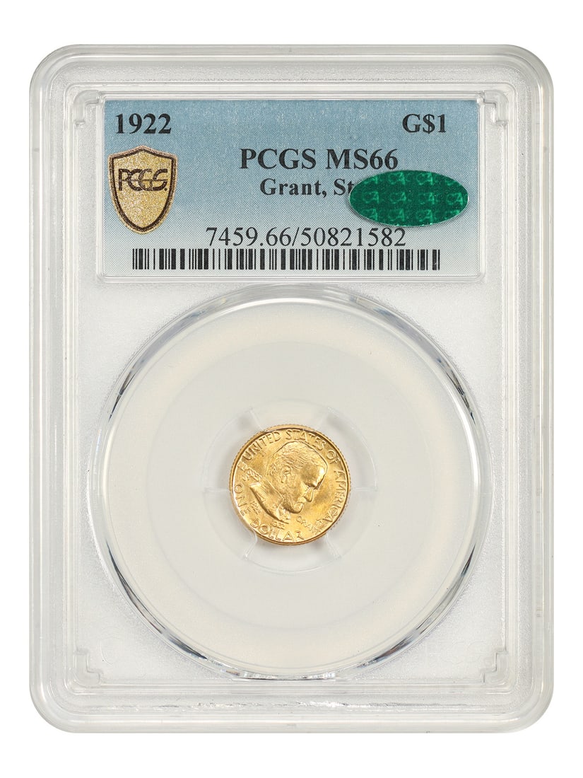 PCGS CAC MS66 1922 Grant Star G$1 Gold Commemorative: PCGS CAC MS66 1922 Grant Star G$1 Gold Commemorative 1922 Grant with Star gold commemorative dollar certified by PCGS and approved by CAC. This uncirculated example comes from a mintage of just 5,016 