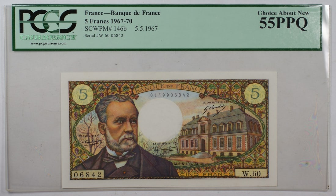 France 5 French Francs Bank of France PCGS 55PPQ: France 5 French Francs Bank of France PCGS 55PPQ This is a 5 French Francs banknote issued by the Bank of France between 1967 and 1970. The note has been professionally graded by PCGS as Choice About 