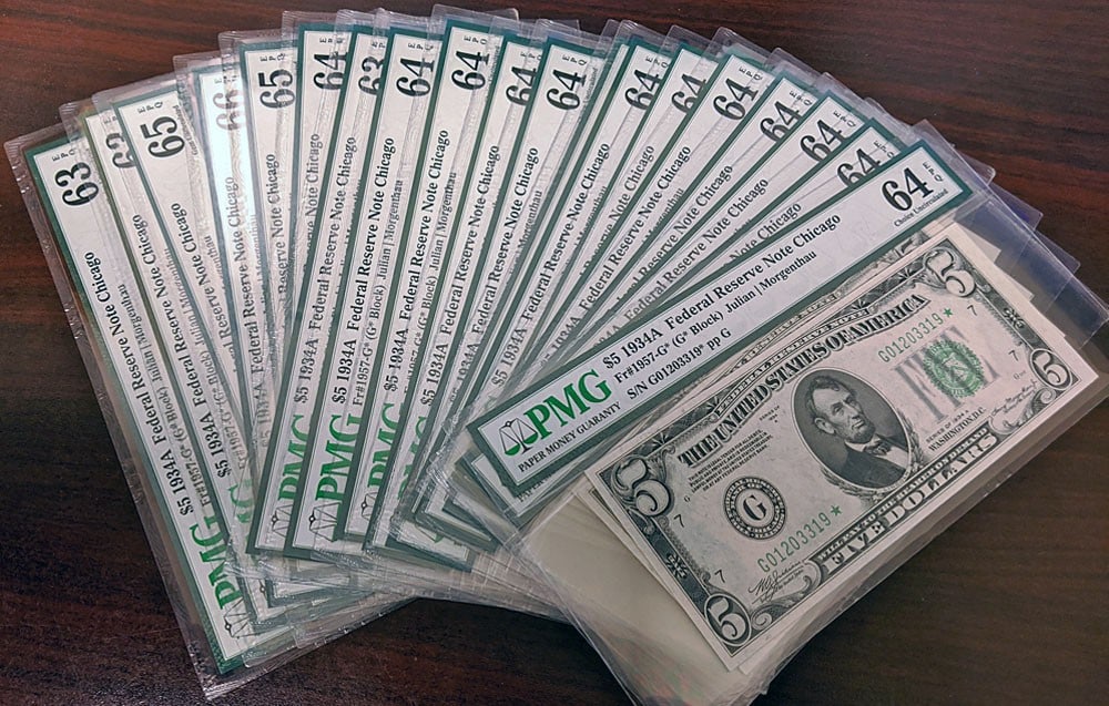 19pc 1934-A $5 Federal Reserve Notes Chicago PMG Gem 63-66 EPQ Lot: 19pc 1934-A $5 Federal Reserve Notes Chicago PMG Gem 63-66 EPQ Lot This exceptional collection features a 19-piece consecutive lot of 1934-A Federal Reserve Notes, specifically the $5 denomination fro