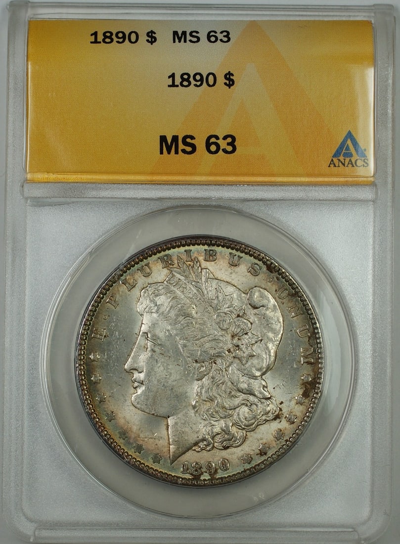 ANACS MS 63 1890 Morgan silver dollar toned: ANACS MS 63 1890 Morgan silver dollar toned This is an 1890 Morgan Silver Dollar $1 coin graded MS-63 by ANACS. The coin is composed of silver, features attractive toning, and was minted in Philadelph