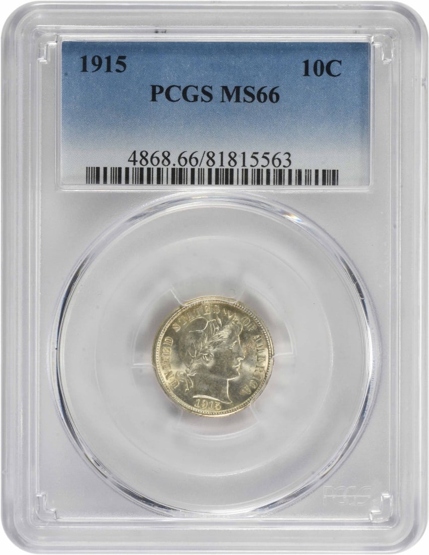 1915 Barber Silver Dime MS66 PCGS Uncirculated 90% Silver Coin: 1915 Barber Silver Dime MS66 PCGS Uncirculated 90% Silver Coin This 1915 Barber Silver Dime is a stunning example of numismatic artistry, graded MS66 by PCGS. It features the iconic design by Charles 