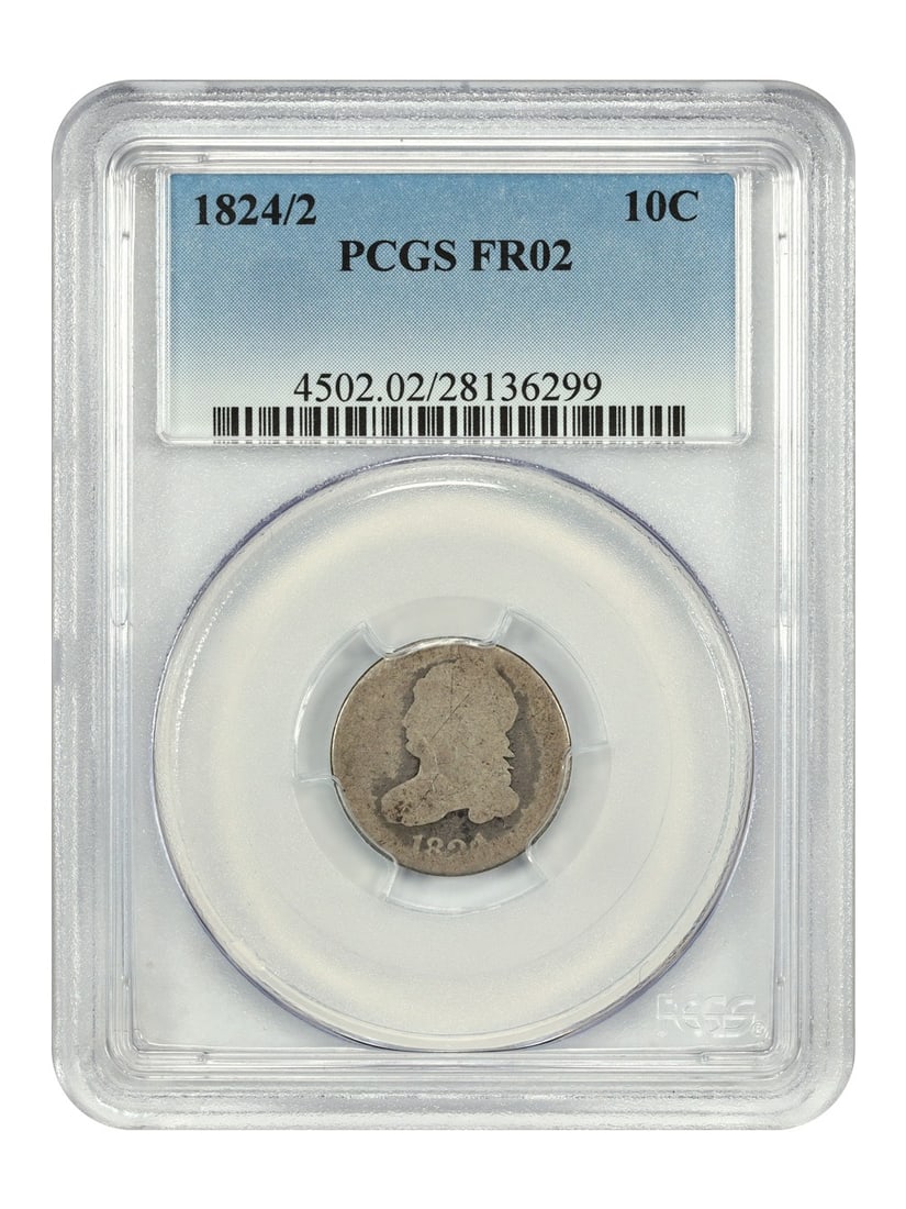 PCGS FR02 1824 10C Capped Bust Dime Overdate 1824 2: PCGS FR02 1824 10C Capped Bust Dime Overdate 1824 2 1824/2 Capped Bust Dime certified by PCGS in FR02. This circulated, pre-owned coin features the overdate noted in the title. Specifications Denomina