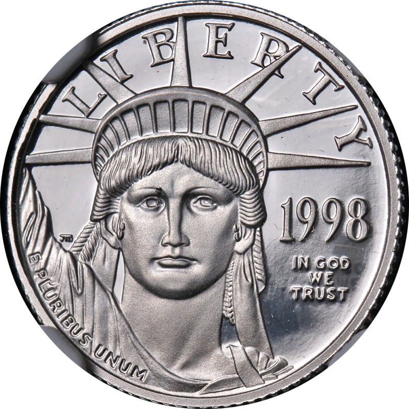1998 W $10 Platinum Eagle NGC PF70 Ultra Cameo Brown Label Coin: 1998 W $10 Platinum Eagle NGC PF70 Ultra Cameo Brown Label Coin This 1998-W Platinum American Eagle $10 coin is certified by NGC with a perfect PF70 Ultra Cameo grade and features the Brown Label. Str
