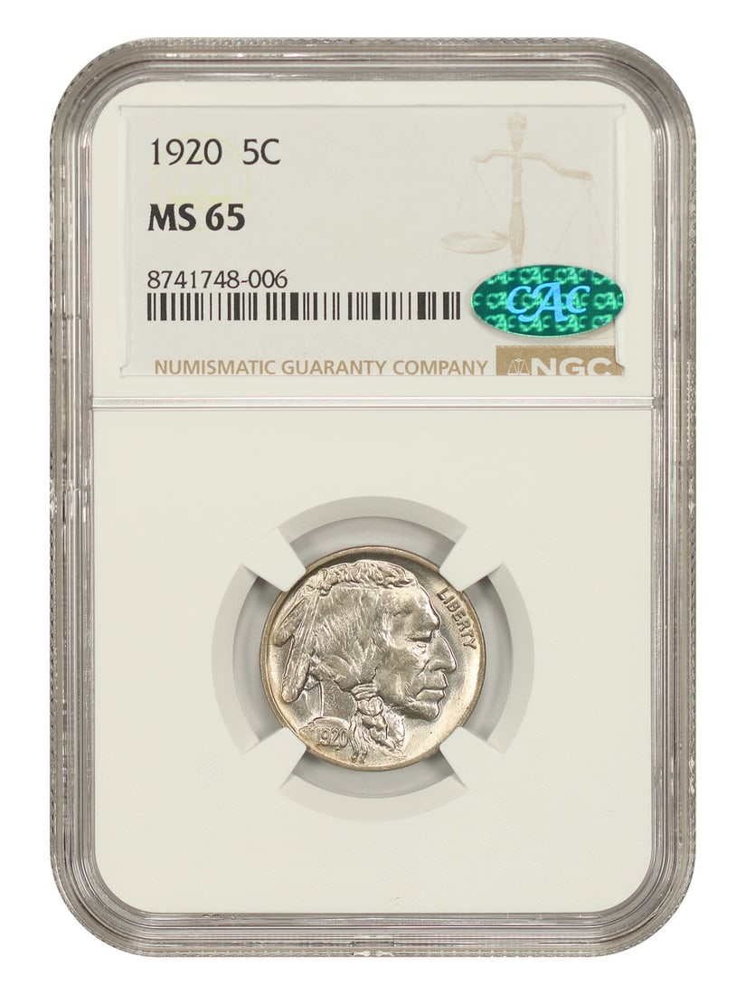 Buffalo Nickel 1920 5C NGC CAC MS65: Buffalo Nickel 1920 5C NGC CAC MS65 1920 Buffalo Nickel certified by NGC and CAC in MS65 grade. This uncirculated 5C coin is a pre-owned example from the Philadelphia Mint. Specifications Denomination