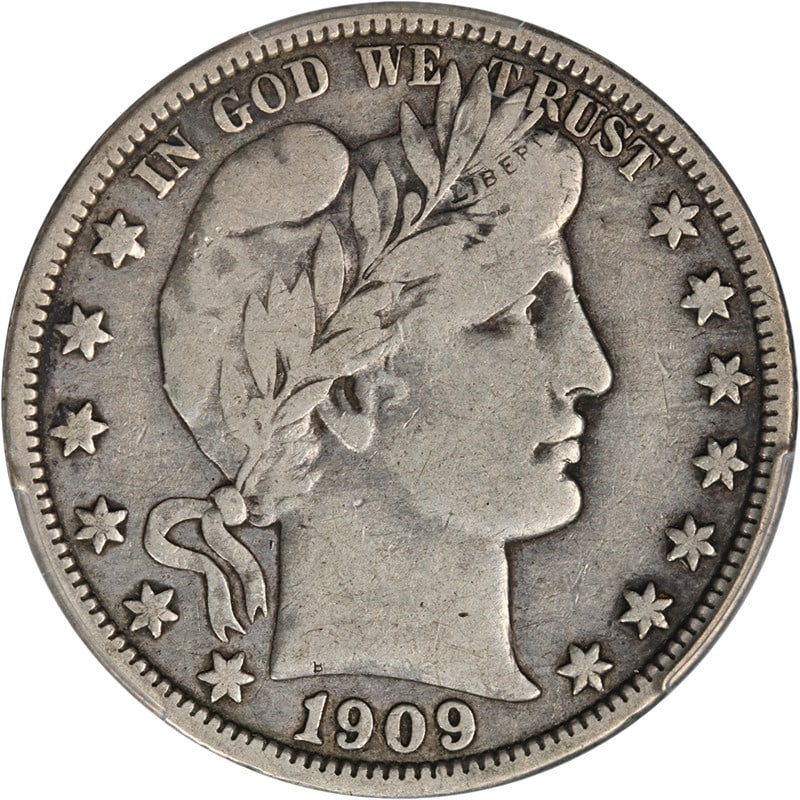 PCGS F15 1909 O Barber Half Dollar Silver Coin: PCGS F15 1909 O Barber Half Dollar Silver Coin A 1909-O Barber Half Dollar certified by PCGS and graded F15. This circulated silver coin is described as having superb eye appeal, a strong strike, orig