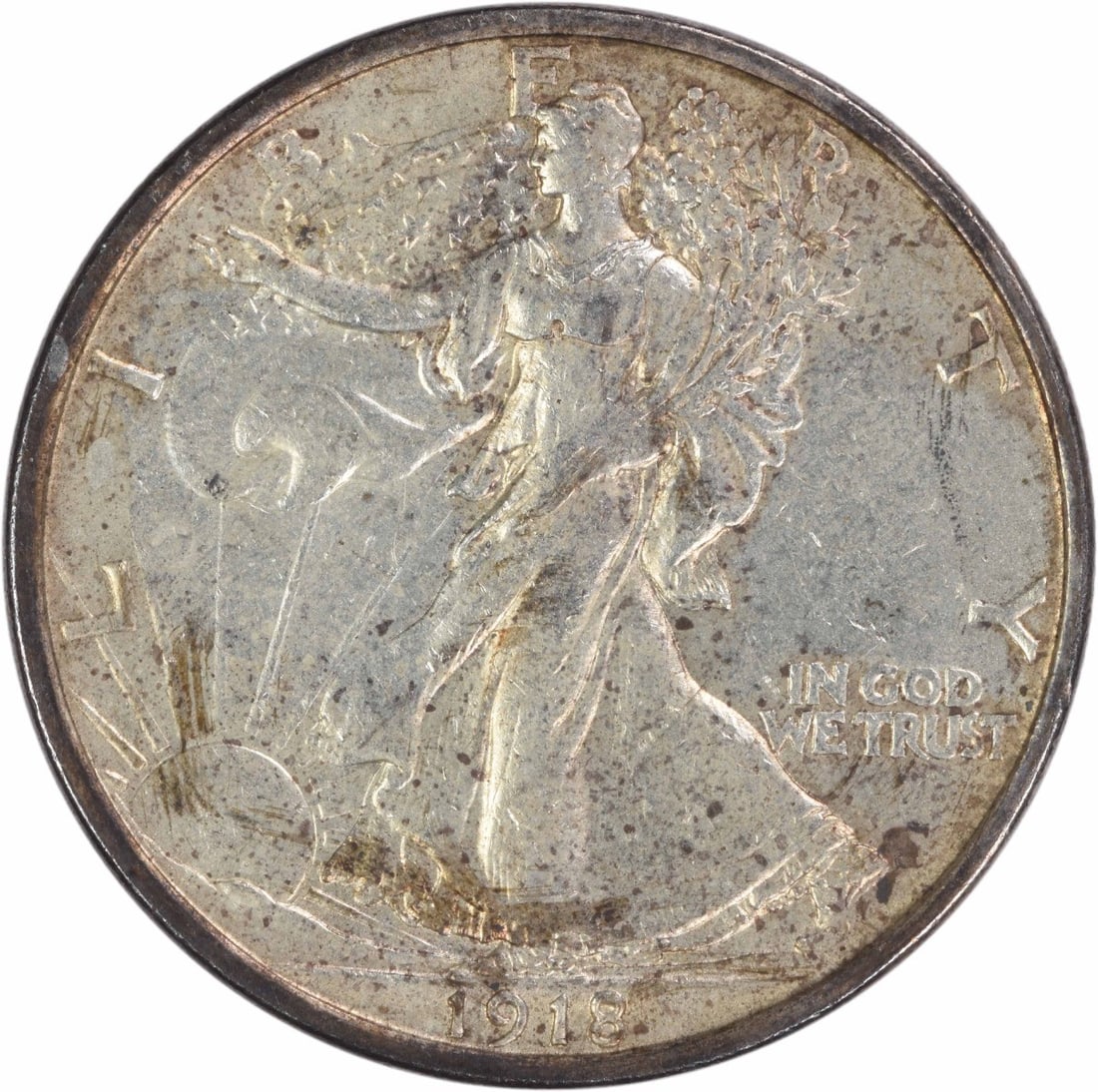 1918 Denver Liberty Walking Half Dollar 90 Percent Silver AU Uncertified: 1918 Denver Liberty Walking Half Dollar 90 Percent Silver AU Uncertified This is a 1918-D Walking Liberty Half Dollar struck at the Denver Mint. The coin is composed of 90% silver and 10% copper, feat