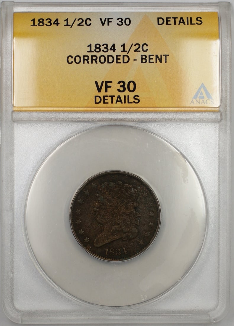 ANACS VF-30 1834 Classic Head Half Cent Copper: ANACS VF-30 1834 Classic Head Half Cent Copper This is an 1834 Classic Head Half Cent coin from the United States, composed of copper. The coin has been certified by ANACS with a grade of VF 30 Detail