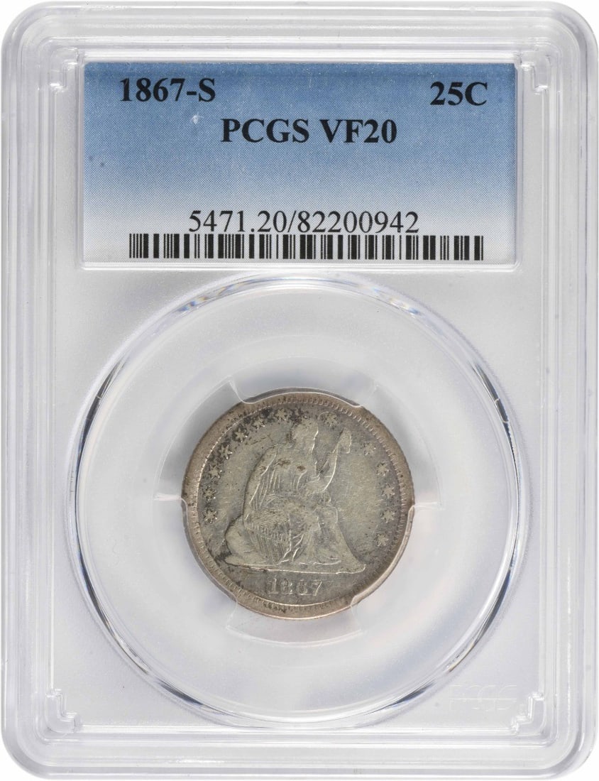 PCGS VF20 1867-S Seated Liberty 25C Silver Quarter: PCGS VF20 1867-S Seated Liberty 25C Silver Quarter 1867-S Liberty Seated silver quarter graded VF20 by PCGS. This circulated 25C coin features the Seated Liberty design and is a pre-owned example from