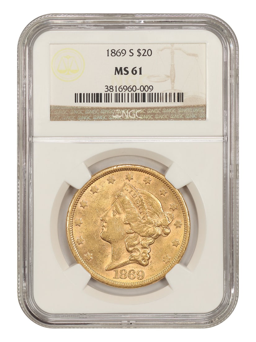 NGC MS61 1869-S Liberty Head $20 Double Eagle: NGC MS61 1869-S Liberty Head $20 Double Eagle 1869-S Liberty Head $20 Double Eagle certified by NGC as MS61. This uncirculated coin is a San Francisco issue and is described as a smooth, lustrous BU e