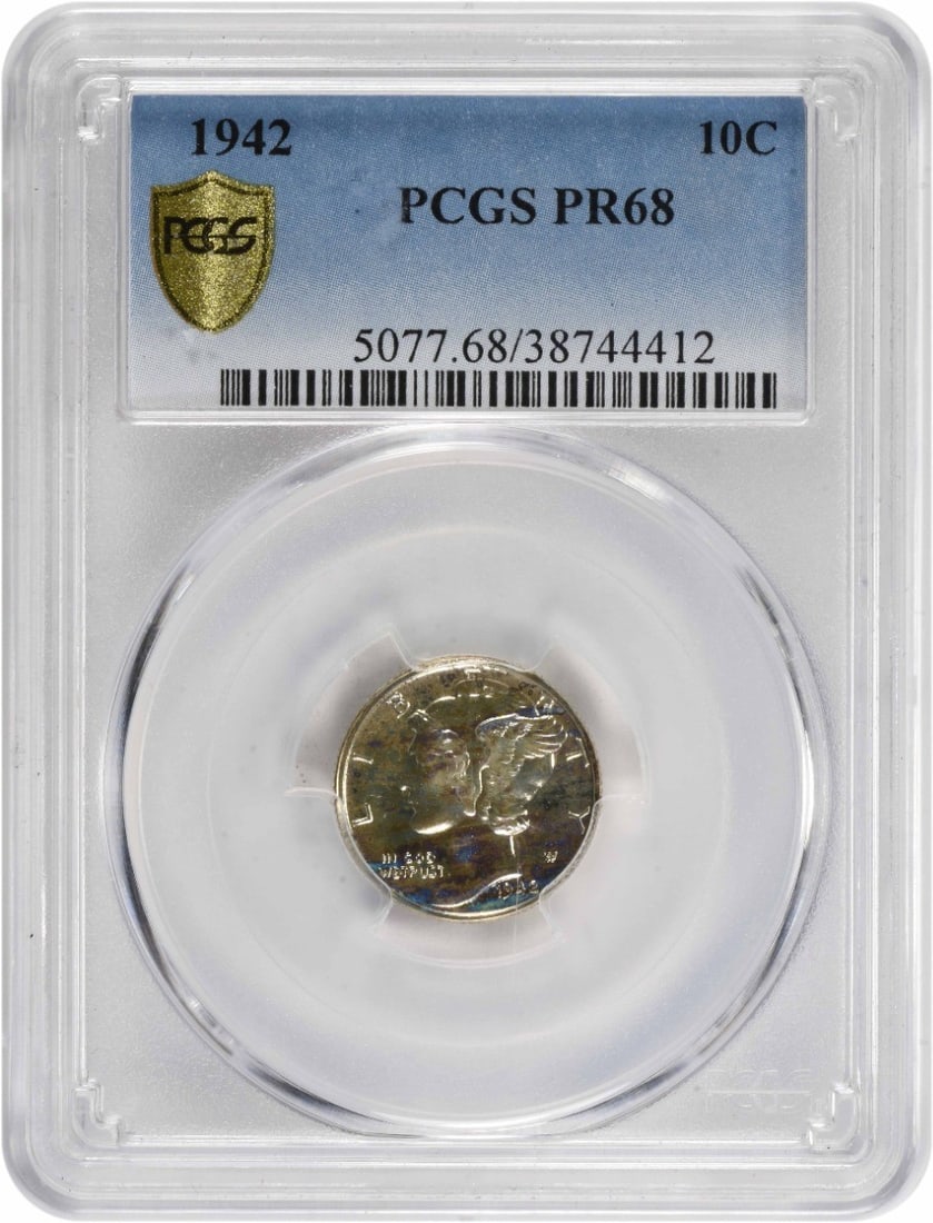 1942 Mercury Dime PR68 PCGS 90% Silver Limited Mintage: 1942 Mercury Dime PR68 PCGS 90% Silver Limited Mintage This 1942 Mercury Silver Dime is a stunning example of numismatic excellence, graded PR68 by PCGS. It features a proof strike from the Philadelph