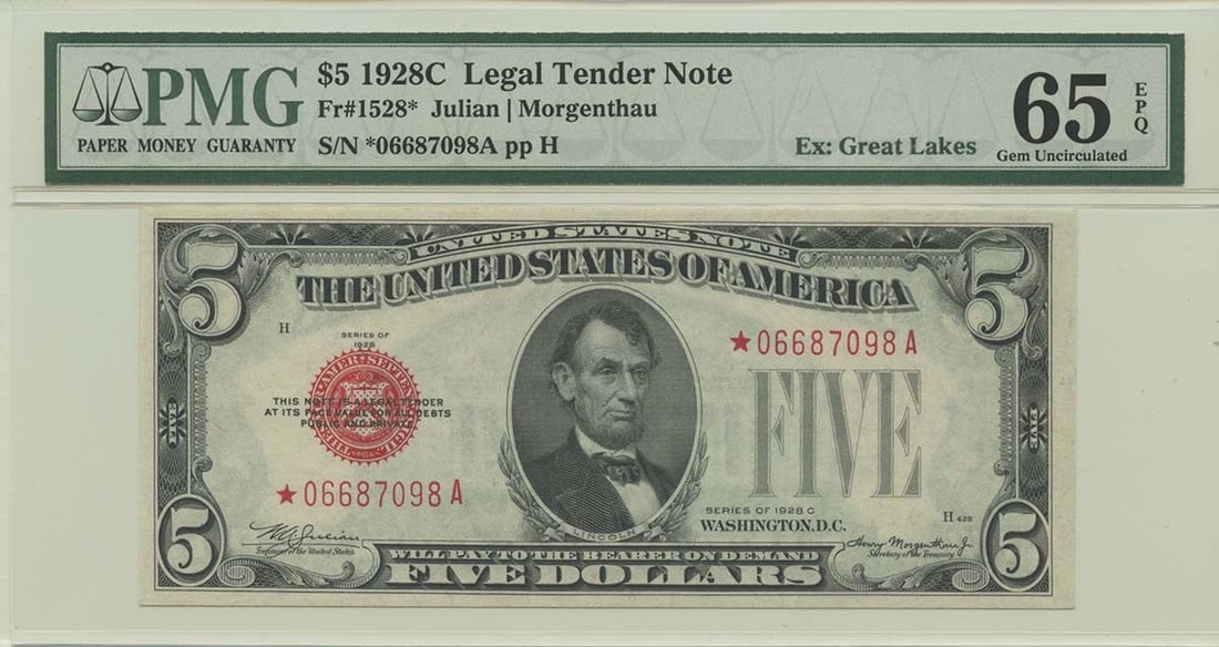1928C $5 Legal Tender Note FR#1528* PMG 65 EPQ Gem Uncirculated: 1928C $5 Legal Tender Note FR#1528* PMG 65 EPQ Gem Uncirculated Experience the rarity and historical significance of this 1928C $5 Legal Tender Note, designated FR#1528*. This note is graded PMG 65 EP