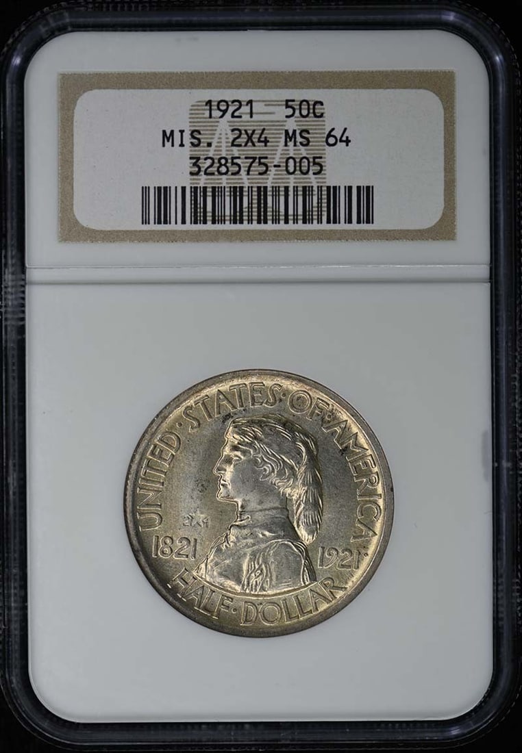 NGC MS64 1921 Missouri 2x4 Silver Commemorative Half Dollar: NGC MS64 1921 Missouri 2x4 Silver Commemorative Half Dollar 1921 Missouri 2x4 commemorative half dollar certified by NGC and graded MS64. This uncirculated pre-owned coin was struck in Philadelphia an