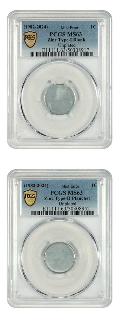 1982 1C PCGS MS63 pair zinc unplated Type 1 blank Type 2 planchet: 1982 1C PCGS MS63 pair zinc unplated Type 1 blank Type 2 planchet Matched 1982 Lincoln cent mint error set graded PCGS MS63. This set includes one Type 1 blank and one Type 2 planchet, both zinc and u