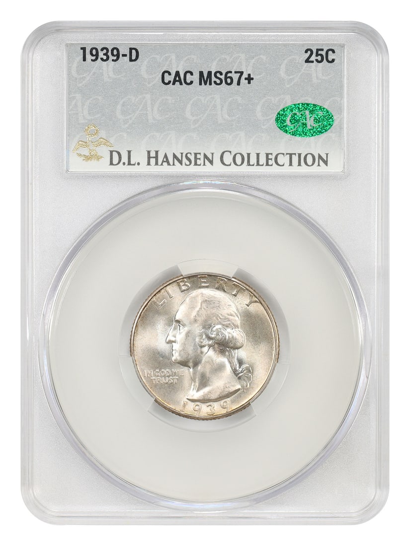 Washington Quarter 1939-D 25C CACG MS67+ ex D.L. Hansen: Washington Quarter 1939-D 25C CACG MS67+ ex D.L. Hansen 1939-D Washington Quarter certified by CACG in MS67+ grade, ex: D.L. Hansen. This uncirculated 25C piece features sharp detail throughout with s