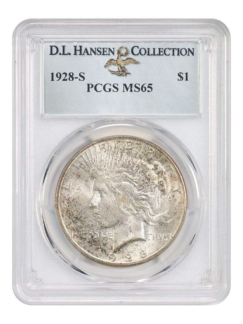PCGS MS65 1928-S Peace Dollar $1 ex D.L. Hansen: PCGS MS65 1928-S Peace Dollar $1 ex D.L. Hansen 1928-S Peace Dollar certified by PCGS as MS65. This uncirculated better-date San Francisco Mint issue is described with frosty, original surfaces, fanta