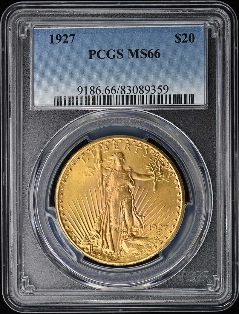 1927 Saint Gaudens $20 Gold PCGS MS66: 1927 Saint Gaudens $20 Gold PCGS MS66 This 1927 $20 Saint Gaudens gold coin is graded MS66 by PCGS, indicating a high-quality, uncirculated example. Minted in Philadelphia, this coin is a desirable pi
