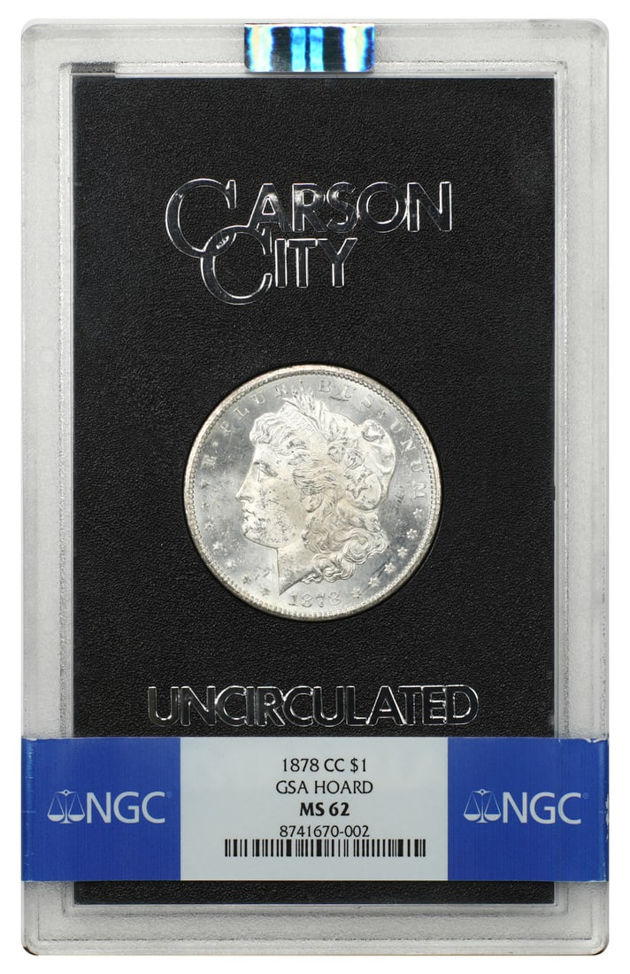 1878 Carson City Morgan Dollar NGC MS62 GSA Box Papers Bar Wing VAM: 1878 Carson City Morgan Dollar NGC MS62 GSA Box Papers Bar Wing VAM 1878-CC Morgan Dollar certified by NGC in MS62 and housed with its GSA box and papers. This uncirculated Carson City issue is identi