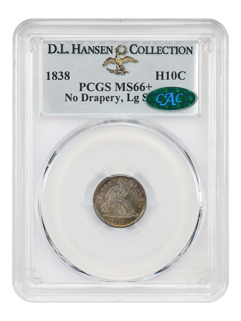 1838 Liberty Seated Half Dime H10C PCGS CAC MS66+ ex D.L. Hansen: 1838 Liberty Seated Half Dime H10C PCGS CAC MS66+ ex D.L. Hansen 1838 Liberty Seated Half Dime, No Drapery, Large Stars, graded PCGS MS66+ and CAC approved. This uncirculated example is ex: D.L. Hanse