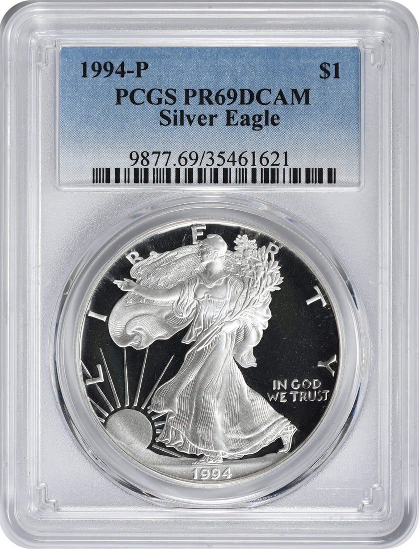 1994-P American Silver Eagle Dollar PR69DCAM PCGS Proof Coin 1oz Silver: 1994-P American Silver Eagle Dollar PR69DCAM PCGS Proof Coin 1oz Silver This stunning 1994-P American Silver Eagle Dollar is graded PR69 Deep Cameo by PCGS, showcasing its exceptional quality and deta